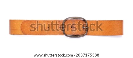 Old leather belt isolated on white background. Old shabby belt with buckle Royalty-Free Stock Photo #2037175388
