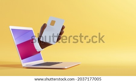 3d illustration. African cartoon character hand sticking out the laptop screen, holding plastic card with chip. Internet business clip art isolated on yellow background. Online service application