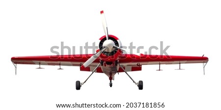 Front view of red aerobatic sports aircraft with piston engine with propeller. Isolated on white background  Royalty-Free Stock Photo #2037181856