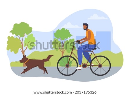 Man riding with dog. Walking pets. Leisure activities, cycling, sports. City park, path for cyclists. Graphic element for website. Cartoon flat vector illustration isolated on white background