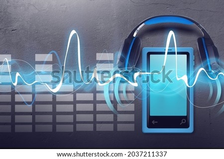 Podcast audio equipment. Sound headphones, mobile smartphone screen.