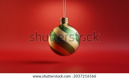 3d render, Christmas greeting card with hanging glass ball isolated on red background. Modern minimal festive wallpaper