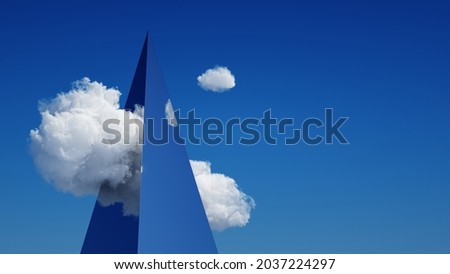 3d render, abstract modern minimal background, mirror pyramid skyscraper under the blue sky with white clouds