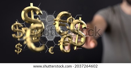 A panoramic shot of a male's hand touching floating euro and dollar icons