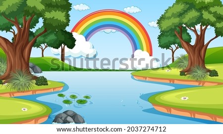 Nature scene background with rainbow in the sky illustration