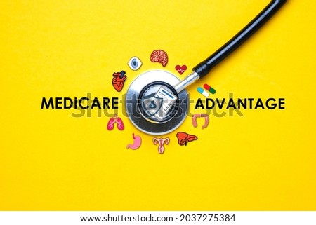 A picture of stethoscope with human organ illustration and Medicare Advantage word. Medicare Advantage plans try to prevent the misuse or overuse of health care through various means. Royalty-Free Stock Photo #2037275384