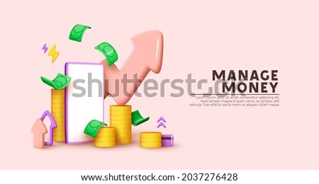 Financial investment. Creative concept of market movement. Bank deposit, profit finance Manage money through your mobile phone, applications. Investment Cryptocurrency trend trading. 3d Vector Royalty-Free Stock Photo #2037276428