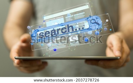 A businesswoman holding the 3D rendering of the website search icon
