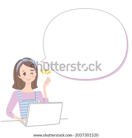 A speech bubble with a woman operating a computer with a smile