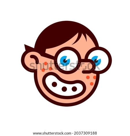 Geek nerd with glasses. The head of the branded character for the logo. Kawaii cute blue-eyed hero. The image is isolated on a white background.