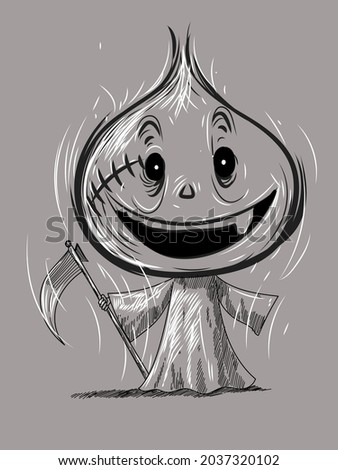 Scary and funny Halloween character icon,engraving,line,sketch on black and white vector illustration.