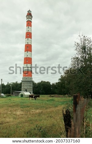 Horizontal picture of tall lighthouse painted in white and red stripes located deep in forest, cows grazing nearby, white car and greenhouse in background. Camping, travelling, roadtrip