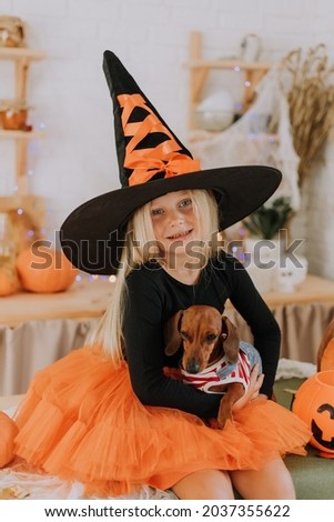 A blonde little girl in a witch costume in a huge witch hat and an orange puffy skirt holds a dwarf dachshund on her lap. Halloween concept. Space for text. High quality photo