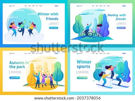 Set of landing pages. Friends have a great time, winter and summer fun, cycling, ice skating, skiing. 2D Characters