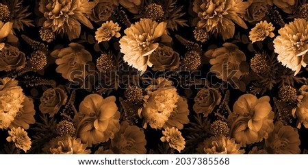Floral summer seamless pattern. Nature illustration. Gold Flowers peonies and leaves on Black background. Template for fabrics, summer textiles, paper, wallpaper, interior decoration Royalty-Free Stock Photo #2037385568