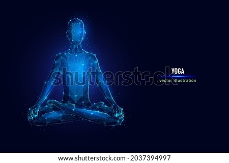 Human sits in yoga pose, lotus pose digital wireframe made of connected dots. Mental health low poly vector illustration on blue background.