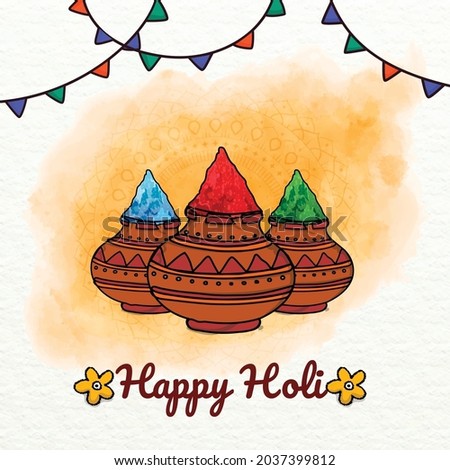 Happy Holi indian hindu festival of colors hand drawn greeting water color background with colorful green, blue, red powder , banner, poster, creative, flyer
