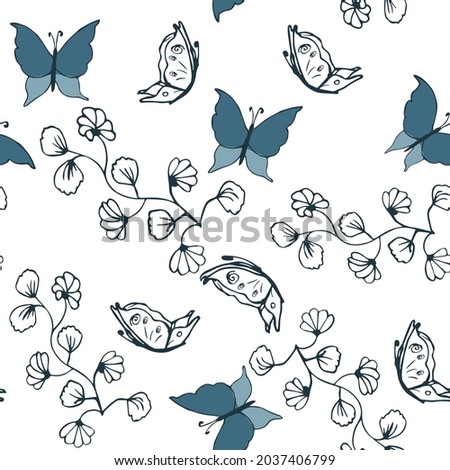 blue butterflies and twigs on a white background