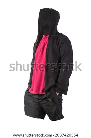 black sweatshirt with iron zipper hoodie,black shirt and red sports shorts isolated on white background. casual sportswear