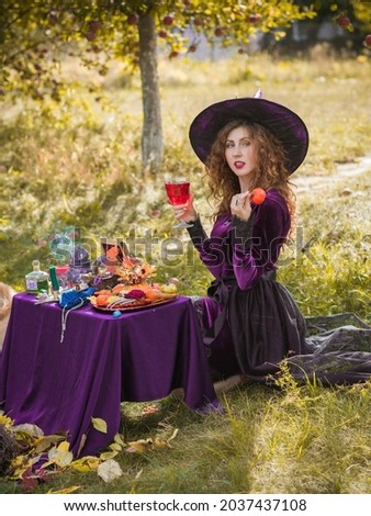 Halloween party and masquerade ideas, people outfit. Witch from school of wizards and magic