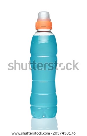 Isotonic energy drink with blue liquid. Sport beverage isolated on white background. Royalty-Free Stock Photo #2037438176