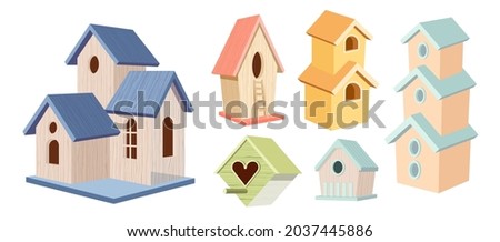 Set of Wooden Bird Houses, Two-storied and Three-story Wood Colorful Birdhouses, Home or Nest with Slope Roof, Round or Heart Holes, Perch and Fence. Cartoon Vector Illustration, Icons, Clip Art