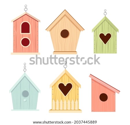 Set of Wooden Bird Houses, Colorful Feeders of Different Design with Slope Roof and Fence. Birdhouses, Home or Nest with Round, Arched or Heart Holes. Cartoon Vector Illustration, Icons, Clip Art