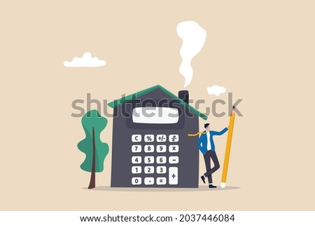 House mortgage calculation, residential budget, insurance or cost and expense, real estate investment or home refinance money concept, businessman agent or broker holding pencil with house calculator Royalty-Free Stock Photo #2037446084