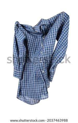 Flying checked blue shirt with long sleeves on white background