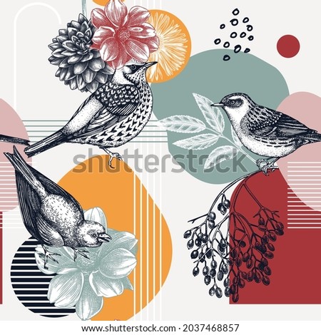 Collage style seamless pattern design. Hand-sketched bird on dahlia flower. Trendy background with botanical, geometric shapes, and abstract elements. Perfect for print, wrapping paper, packaging