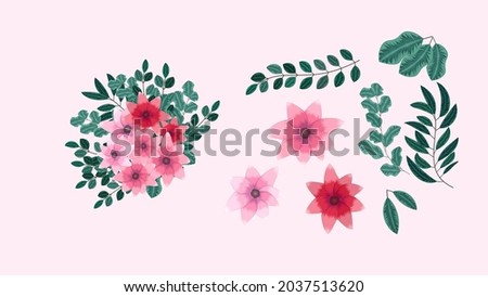 Collection of floral elements with spring flowers with tree branches as Detailed clip art elements, isolated arrangements as design for banners, postcards, advertising, social media posts, textile