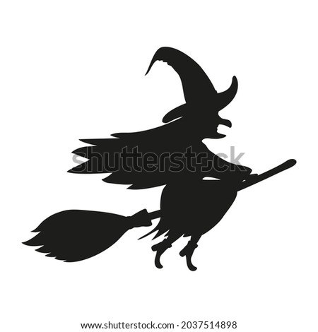 Silhouette of a witch flying on a broomstick. Halloween. 