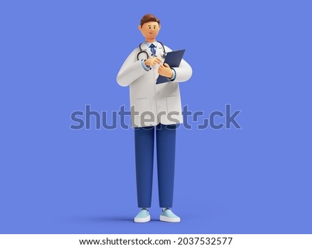 3d render, doctor cartoon character standing with finger pointing up, holding clipboard. Friendly professional therapist. Medical idea clip art isolated on blue background