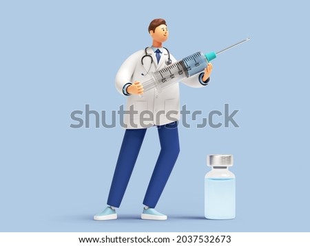 3d render. Doctor or pharmacist cartoon character fights against the virus with big syringe with vaccine. Medical clip art isolated on blue background. Vaccination concept
