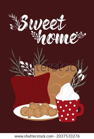 Winter happy holidays. Sweet home hot drinks.Cozy vector collection in red and green colors. Winter posters. Ready made Compositions. Cute Hygge style. 