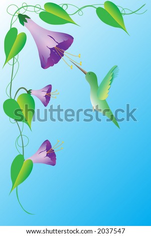 Humming bird and flower over blue gradient background.