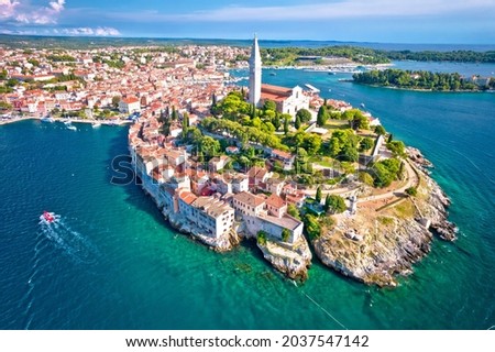 Town of Rovinj historic peninsula aerial view, famous tourist destination in Istria region of Croatia Royalty-Free Stock Photo #2037547142