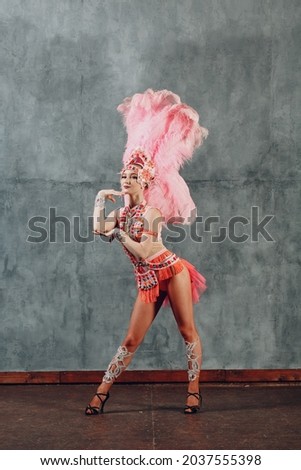 Woman in samba or lambada costume with pink feathers plumage. Royalty-Free Stock Photo #2037555398