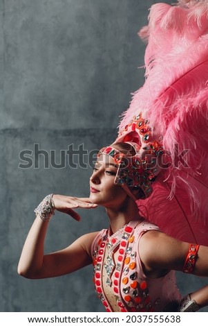 Woman in samba or lambada costume with pink feathers plumage. Royalty-Free Stock Photo #2037555638