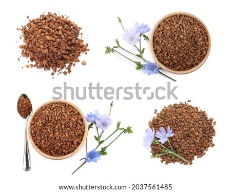 Set with chicory granules and flowers on white background, top view  Royalty-Free Stock Photo #2037561485