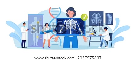 Woman Standing behind X Ray Machine for Examination of Chest. X-ray Medical Diagnostics, Bones Skeleton Checkup. Radiology Body Scanner for Diagnosis Patient Disease. Roentgen of Chest Bone Royalty-Free Stock Photo #2037575897