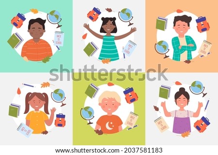 Children back to school set, elementary education vector illustration. Cartoon happy girl boy child characters, schoolboy and schoolgirl with schoolbag, books, globe and pencil school clipart objects