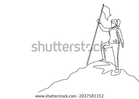 Single one line drawing woman climber standing on top of mountain with flag. Young smiling mountaineer climbing on rock. Adventure tourism trip. Continuous line draw design graphic vector illustration