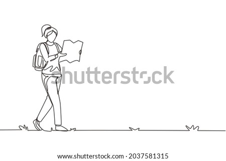 Single continuous line drawing woman hiker with map exploring forest. Female hiker success outdoor recreation and climbing peak. Nature exploration adventure. One line draw design vector illustration