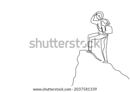 Single one line drawing man with backpack, traveller, explorer standing on top of mountain or cliff, looking on valley. Discovery, exploration, hiking. Continuous line draw design vector illustration