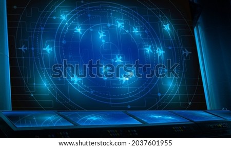 Simulation screen showing various flights for transportation and passengers. Royalty-Free Stock Photo #2037601955