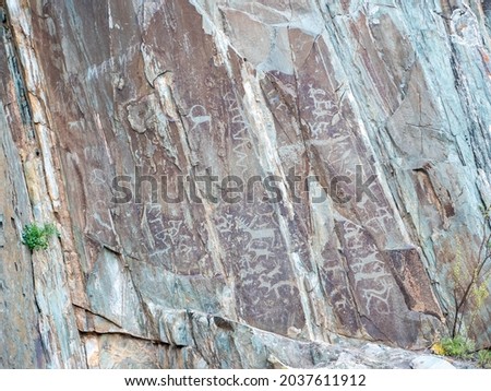 Rock petroglyphs - the Adyr-Kan sanctuary. Chuysky tract, Altai Republic, Russia.