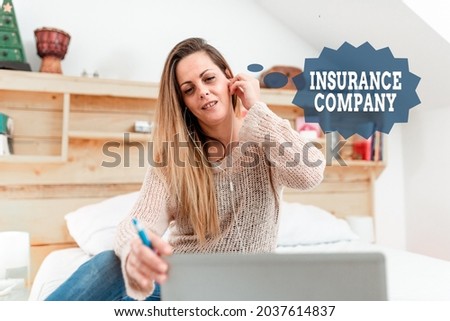 Sign displaying Insurance Company. Conceptual photo company that offers insurance policies to the public Casual Internet Surfing, Student Researching Online Websites