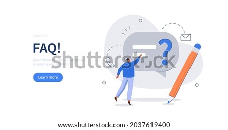 Character sending customer support a question.  Man ask questions and receive answers. Frequently asked questions concept. Flat cartoon  vector illustration. Royalty-Free Stock Photo #2037619400