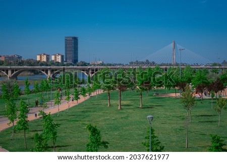 Badajoz, Spain. City ​​views with skyscrapers and royal bridge in the guadiana park